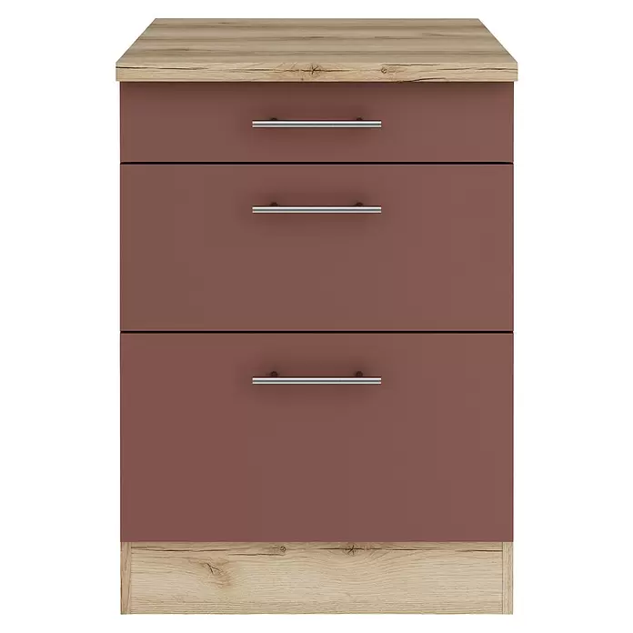 Optifit Bari407 Unterschrank - 60 x 60 x 84,8 cm, Rostrot, M 1 Schubkasten und 2 Auszügen - Kommode mit drei rotbraunen Schubladen, heller Holzplatte und Sockel sowie silbernen Griffen.