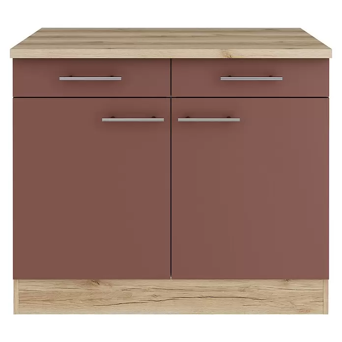 Optifit Bari407 Unterschrank - 60 x 100 x 84,8 cm, Rostrot, Mit 2 Schubkästen und 2 Türen - Brauner Schrank mit heller Holzplatte und Sockel, zwei Schubladen und zwei Türen mit je einem silbernen Griff.