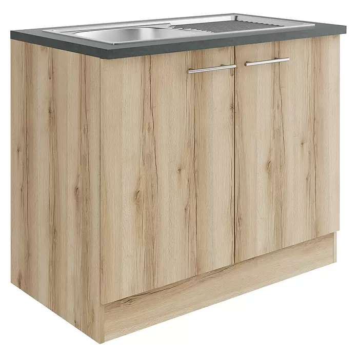 Optifit Livorno290 Spülenunterschrank - 60 x 100 x 84,8 cm, Wildeiche Nachbildung - Spülenunterschrank in Holzoptik mit grauer Arbeitsplatte und integrierter Edelstahlspüle mit Abtropffläche.