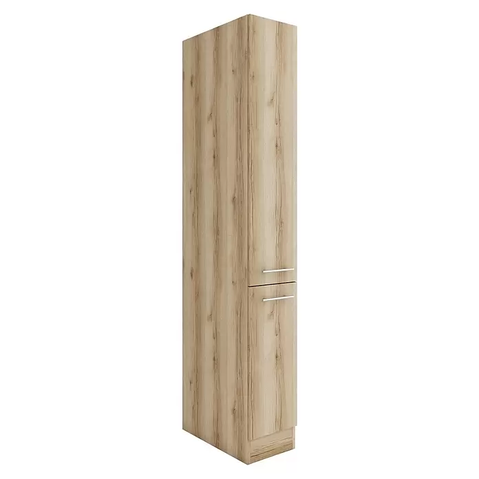 Optifit Livorno290 Apotheker-Hochschrank - 60 x 30 x 206,8 cm, Wildeiche Nachbildung - Hoher Aufbewahrungsschrank in heller Holzoptik mit zwei Schubladen und silbernen Griffen.