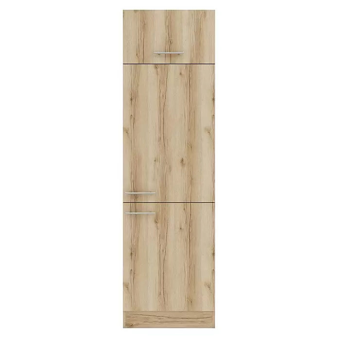 Optifit Livorno290 Kühlumbauschrank - 60 x 60 x 206,8 cm, Wildeiche Nachbildung, Für Kühlschrank - Helles Holzschrank mit drei Fächern, silbernen Griffen und einem Sockel.