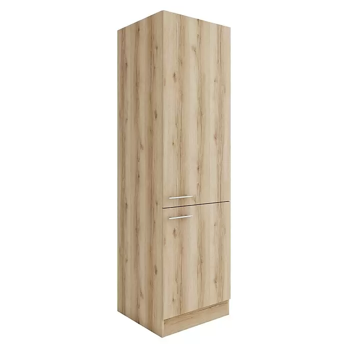 Optifit Livorno290 Hochschrank - 60 x 60 x 206,8 cm, Wildeiche Nachbildung - Hoher Schrank aus hellem Eichenholz-Nachbildung mit Holzmaserung, zwei waagerechten silbernen Griffen an separaten Fächern und Sockel.