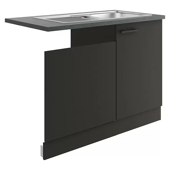 Optifit Madrid420 Spülenunterschrank - 60 x 110 x 84,8 cm, Anthrazit Matt, Mit Blende 60 cm für teilintegrierten Geschirrspüler - Dunkelgrauer Küchenspülenschrank mit grauer Arbeitsplatte und Edelstahlspüle.