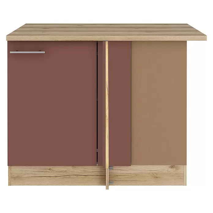 Optifit Bari407 Eck-Unterschrank Typ 1 - 60 x 110 x 84,8 cm, Rostrot - Zweifarbiges Schrank mit heller Holzplatte/Sockel und teilweise geöffneten terrakottafarbenen Schiebetüren mit silbernem Griff, innen hellbraun.