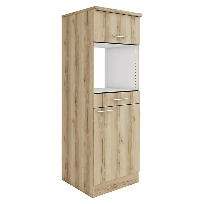 Optifit Livorno290 Midischrank - 60 x 60 x 174,4 cm, Wildeiche Nachbildung, Für Mikrowelle mit 1 Klappe, 1 Schubkasten und 1 Tür - Großer Küchenschrank in heller Holzoptik mit Ofenfach, oberer Tür, zwei Schubladen und unterer Tür.