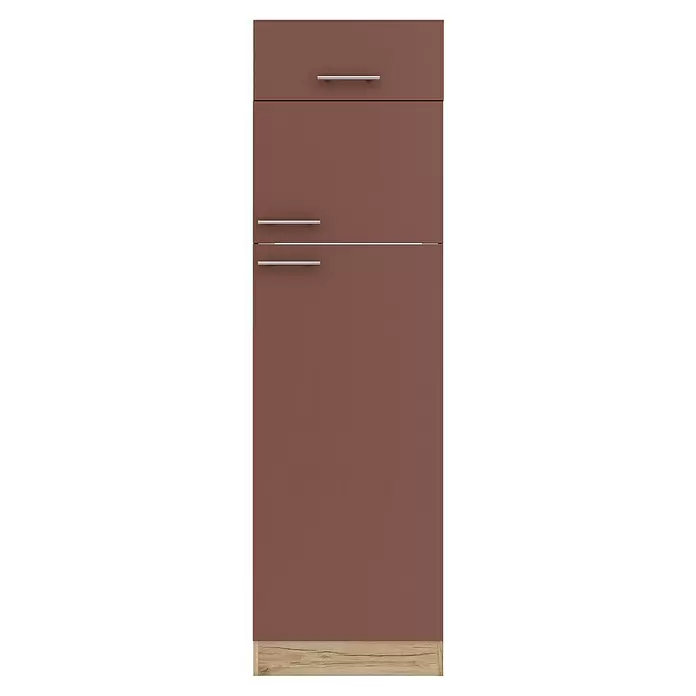Optifit Bari407 Kühlumbauschrank - B x T x H: 60 x 60 x 206,8 cm, Rostrot, Mit 1 Klappe und 2 Türen mit Nische für Kühlschrank 144 cm - Terracottafarbene Kommode mit drei silbernen Griffen und hellem Holzsockel.