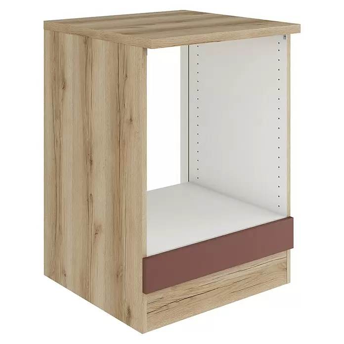 Optifit Bari407 Herdumbauschrank - B x T x H: 60 x 60 x 84,8 cm, Rostrot - Offener Schrank in heller Holzoptik mit weißer Innenausstattung und dunkelbraunem Frontpaneel unten, mit Lochreihen für verstellbare Einlegeböden.