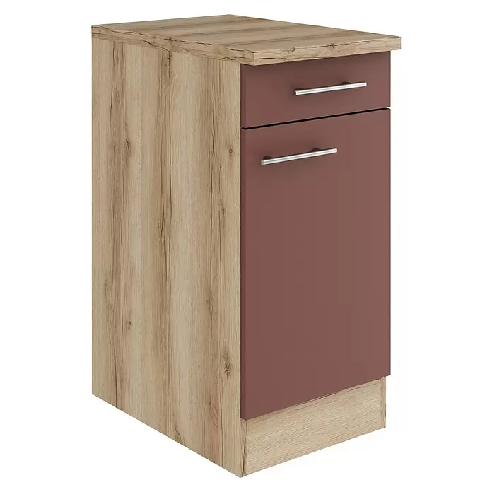 Optifit Bari407 Unterschrank - 60 x 40 x 84,8 cm, Rostrot, Mit 1 Schubkasten und 1 Tür - Zwei-Schubladen-Schrank mit heller Holzmaserung und rotbraunen Fronten mit silbernen Griffen.