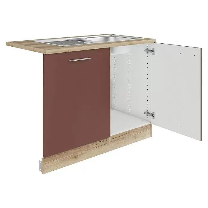Optifit Bari407 Spülenunterschrank - 60 x 110 x 84,8 cm, Rostrot, Mit Blende 60 cm für vollintegrierten Geschirrspüler - Spülenschrank mit heller Holzplatte, Edelstahlspüle, geschlossener rotbrauner Tür und geöffneter weißer Tür, die das Innere zeigt.