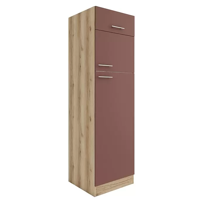 Optifit Bari407 Kühlumbauschrank - B x T x H: 60 x 60 x 206,8 cm, Rostrot, Mit 1 Klappe und 2 Türen mit Nische für Kühlschrank 144 cm - Hoher Schrank mit heller Holzmaserung an der Seite und dunkelrotbraunen Frontplatten mit silbernen Griffen.
