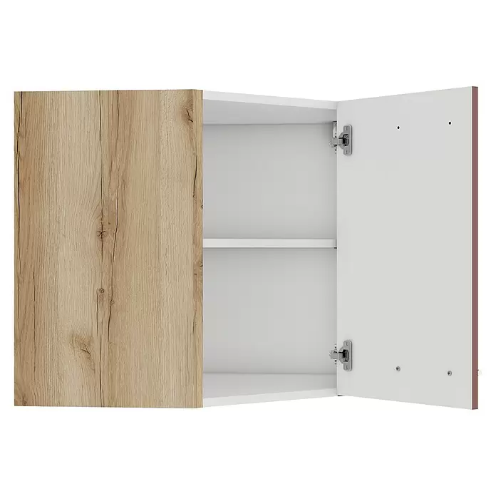 Optifit Bari407 Eck-Hängeschrank - 34,6 x 60 x 57,6 cm, Rostrot - Offener Wandschrank mit heller Holztür links, weißem Innenraum und zwei Regalböden.