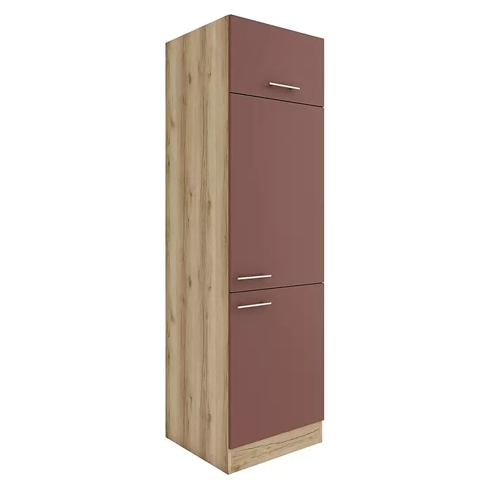 Optifit Bari407 Kühlumbauschrank - B x T x H: 60 x 60 x 206,8 cm, Rostrot, Mit 1 Klappe und 2 Türen mit Nische für Kühlschrank 88 cm - Zweifarbiger Hochschrank mit heller Holzoptik-Seitenwand und rötlich-braunen Türen, mit Metallgriffen.