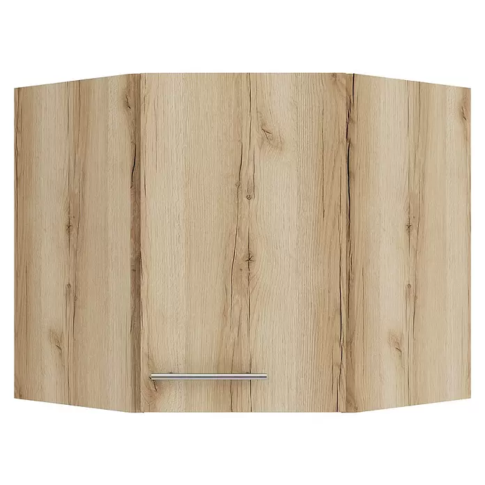 Optifit Livorno290 Eck-Hängeschrank - 34,6 x 60 x 57,6 cm, Wildeiche Nachbildung - Abgewinkelte hellbraune Schranktür mit Holzmaserung und horizontalem silbernem Griff.