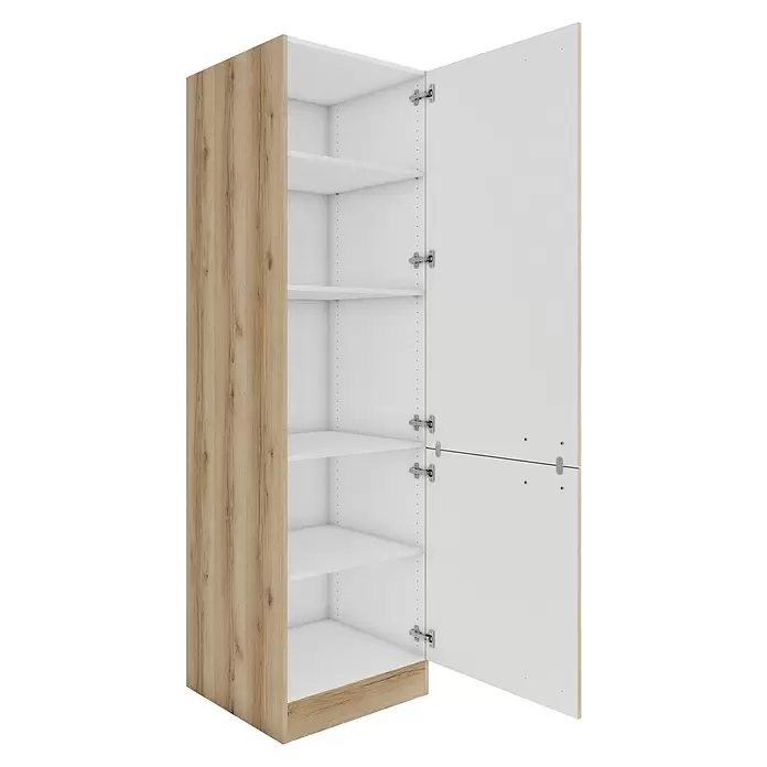 Optifit Livorno290 Hochschrank - 60 x 60 x 206,8 cm, Wildeiche Nachbildung - Offener zweitüriger Schrank mit heller Holzoptik außen und weißen Einlegeböden innen.