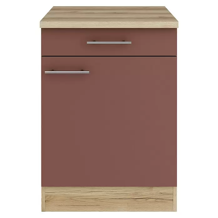 Optifit Bari407 Unterschrank - 60 x 60 x 84,8 cm, Rostrot, Mit 1 Schubkasten und 1 Tür - Moderner Küchenunterschrank mit heller Holzoptik-Oberplatte und Sockel, staubrosa Schublade und Tür mit silbernen Griffen.