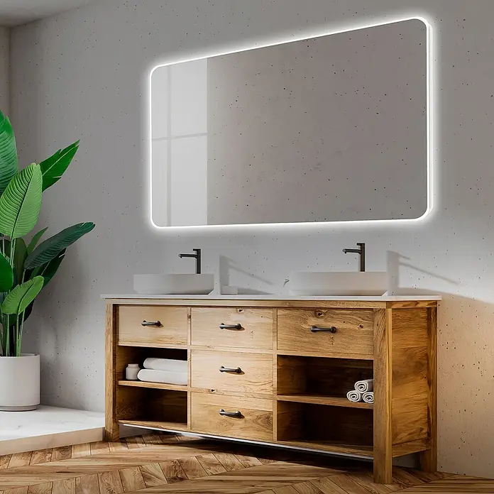 Camargue Espejo con luz Celia - 120 x 80 cm - Juego de muebles de baño con mueble de lavabo de madera clara, dos lavabos y un espejo iluminado.