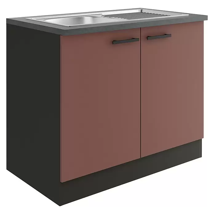 Optifit Nizza407 Spülenunterschrank - 60 x 100 x 84,8 cm, Rostrot - Kompaktes Küchenspülbeckenunterschrank mit dunkelgrauer Arbeitsplatte, Edelstahlspüle und rotbraunen Türen mit schwarzen Griffen.