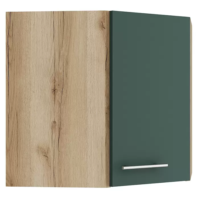 Optifit Savona405 Eck-Hängeschrank - 34,6 x 60 x 57,6 cm, Steingrün - Wandschrank mit heller Holzoptikplatte und einer dunkelgrünen Tür mit silbernem Griff.