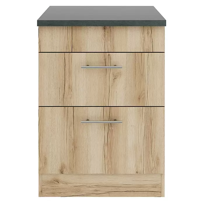 Optifit Livorno290 Unterschrank - 60 x 60 x 84,8 cm, Wildeiche Nachbildung, Mit 1 Blende und 2 Auszügen - Helles Holzschubladenschrank mit silbernen Griffen und dunkelgrauer Arbeitsplatte.