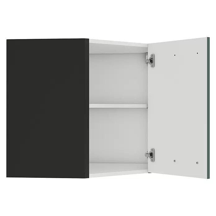Optifit Verona405 Eck-Hängeschrank - 34,6 x 60 x 57,6 cm, Steingrün - Offener zweitüriger Schrank mit einer dunkelgrauen und einer weißen Tür, zwei weißen Einlegeböden und sichtbaren Scharnieren.