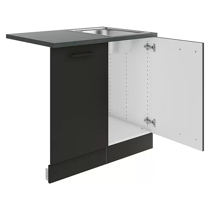Optifit Madrid420 Spülenunterschrank - 60 x 90 x 84,8 cm, Anthrazit Matt, Mit Blende 45 cm für vollintegrierten Geschirrspüler - Dunkelgrauer Küchenspülenschrank mit heller Arbeitsplatte und Edelstahlspüle, mit geöffneter rechter Tür.