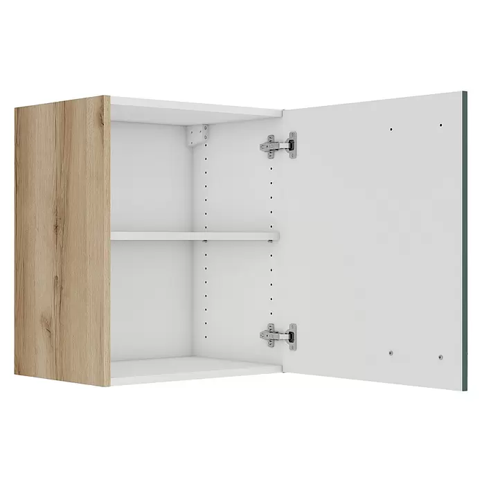 Optifit Savona405 Hängeschrank - 34,6 x 50 x 57,6 cm, Steingrün - Offener Hängeschrank mit heller Holzmaserung, weißem Innenraum, verstellbarem Regal und Metallscharnieren.
