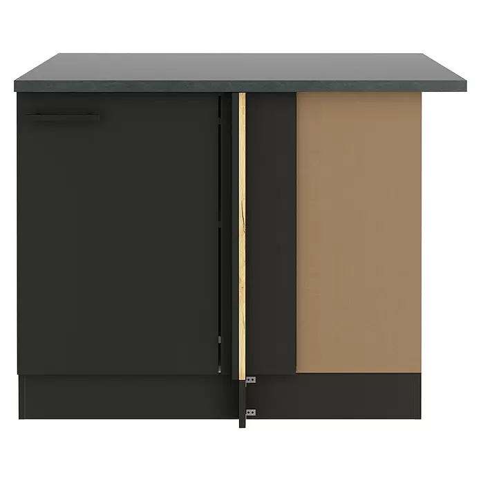 Optifit Madrid420 Eck-Unterschrank für Eck Typ 1 - 60 x 110 x 84,8 cm, Anthrazit Matt - Dunkelgrauer Küchenunterschrank mit passender Arbeitsplatte, schwarzem Griff und teilgeöffnetem Bereich, der eine hellbraune Innenseite und Holzleiste zeigt.