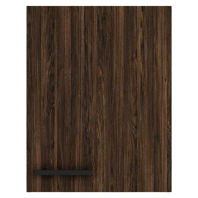 Optifit OPTIkult Hängeschrank Rimini409 - 34,6 x 45 x 57,6 cm, Rillendekor Nussbaum - Dunkelbraunes Holzpaneel mit vertikaler Maserung und einem schwarzen, rechteckigen Griff.