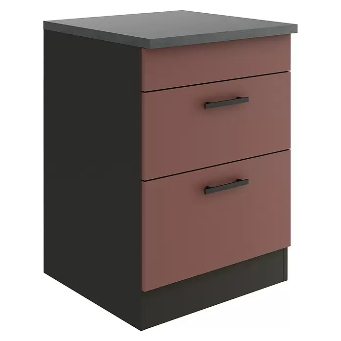 Optifit Nizza407 Unterschrank - 60 x 60 x 84,8 cm, Rostrot, Mit 1 Blende und 2 Auszügen - Unterschrank mit zwei Schubladen, dunkelgrauem Korpus und rotbraunen Fronten mit schwarzen Griffen.