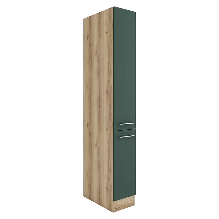 Optifit Savona405 Apotheker-Hochschrank - 60 x 30 x 206,8 cm, Steingrün - Hoher Schrank mit heller Holzmaserungsseite und dunkelgrüner Front mit zwei Schubladen und silbernen Griffen.