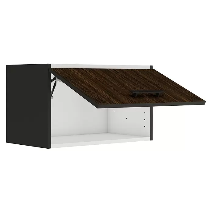 Optifit OPTIkult Küchen-Hängeschrank Rimini409 - B x T x H: 60 x 34,6 x 35,2 cm, Rillendekor Nussbaum - Wandschrank mit dunkler Holzoptik-Klapptür, dunkelgrauen Seiten und weißem Innenraum, die Tür ist geöffnet.