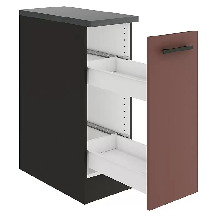 Optifit Nizza407 Unterschrank - 60 x 30 x 84,8 cm, Rostrot, Mit 1 Auszug und 2 Metallschubkästen - Schmaler Küchenschrank mit dunkelgrauer Platte und Seite, brauner Schubladenfront mit schwarzem Griff und zwei teilweise geöffneten weißen Auszügen.
