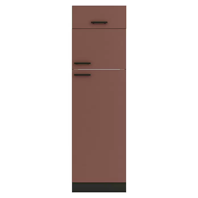Optifit Nizza407 Geräteumbauschrank - 60 x 60 x 206,8 cm, Rostrot, M 1 Klappe und 2 Türen mit Nische für Kühlschrank 144 cm - Terracotta-Küchenunterschrank mit drei Fächern, schwarzen Griffen und einer schwarzen Sockelleiste.
