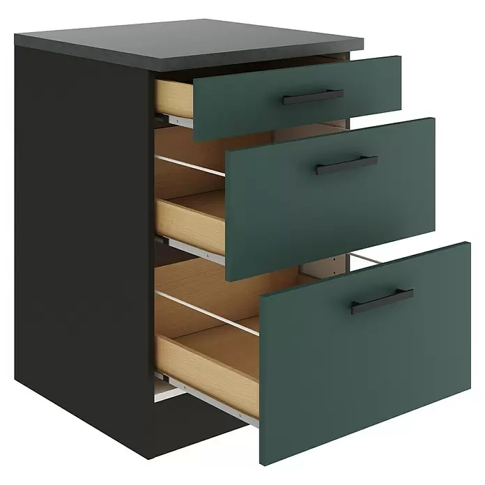 Optifit Verona405 Unterschrank - 60 x 60 x 84,8 cm, Steingrün, M 1 Schubkasten und 2 Auszügen - Dunkelgrauer Schrank, hellgraue Platte, drei teilweise offene dunkelgrüne Schubladen mit schwarzen Griffen und helles Holz innen.