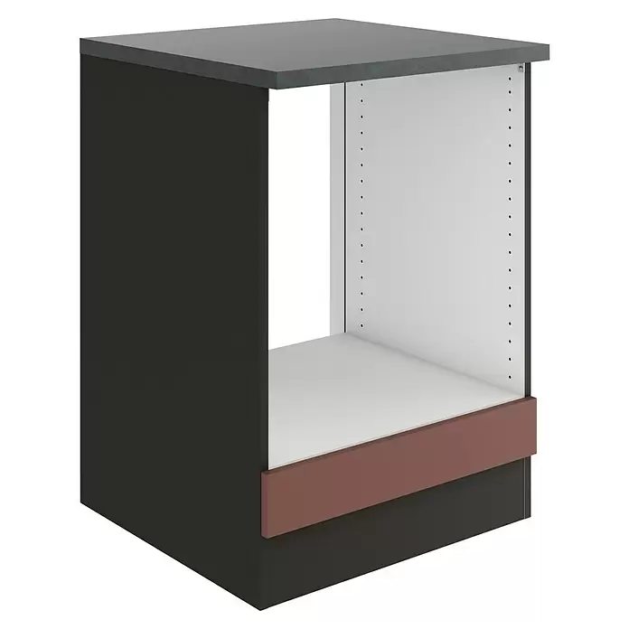 Optifit Nizza407 Herdumbauschrank - B x T x H: 60 x 60 x 84,8 cm, Rostrot - Dunkelgrauer Küchenunterschrank mit grauer Arbeitsplatte und weißer Innenseite, mit rotbrauner Sockelblende.