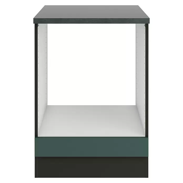 Optifit Verona405 Herdumbauschrank - 60 x 60 x 84,8 cm, Steingrün - Offener Küchenunterschrank mit dunkelgrauer Arbeitsplatte, weißem Innenraum und dunkelgrüner Schubladenblende über schwarzem Sockel.
