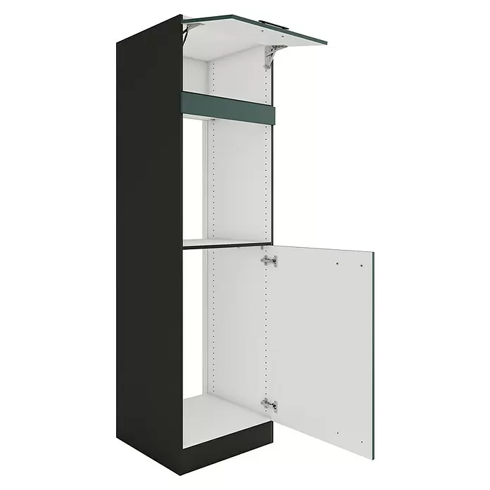 Optifit Verona405 Geräteumbauschrank - 60 x 60 x 206,8 cm, Steingrün, Mit 1 Klappe und 2 Türen für Backofen und Kühlschrank 88 cm - Hoher dunkelgrauer Schrank mit offenen weißen Türen, türkisen Akzenten und Gerätenische.
