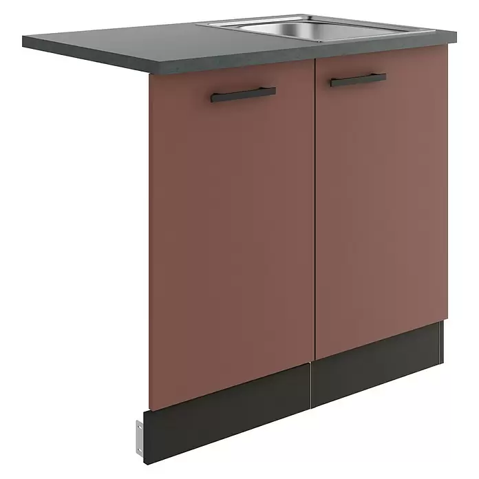 Optifit Nizza407 Spülenunterschrank - 60 x 90 x 84,8 cm, Rostrot, Mit Blende 45 cm für vollintegrierten Geschirrspüler - Dunkelbrauner Eckunterschrank mit dunkelgrauer Arbeitsplatte und integrierter Spüle.