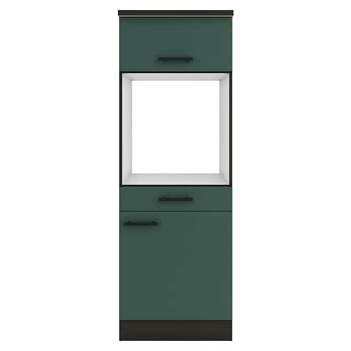 Optifit Verona405 Midischrank - 60 x 60 x 174,4 cm, Steingrün, Für Backofen und Kühlschrank 88 cm mit 1 Tür und Arbeitsplatte - Dunkelgrüner Einbauküchenschrank mit schwarzen Griffen und einer zentralen Öffnung für ein Gerät.