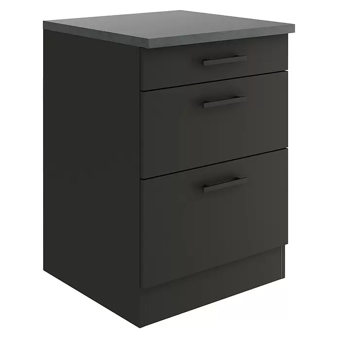 Optifit Madrid420 Unterschrank - 60 x 60 x 84,8 cm, Anthrazit Matt, M 1 Schubkasten und 2 Auszügen - Dunkelgrauer Küchenunterschrank mit drei Schubladen und heller Arbeitsplatte.