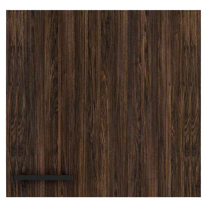 Optifit OPTIkult Hängeschrank Rimini409 - 34,6 x 60 x 57,6 cm, Rillendekor Nussbaum - Dunkelbraune Holzplatte mit vertikaler Maserung und schwarzem, horizontalem Griff.
