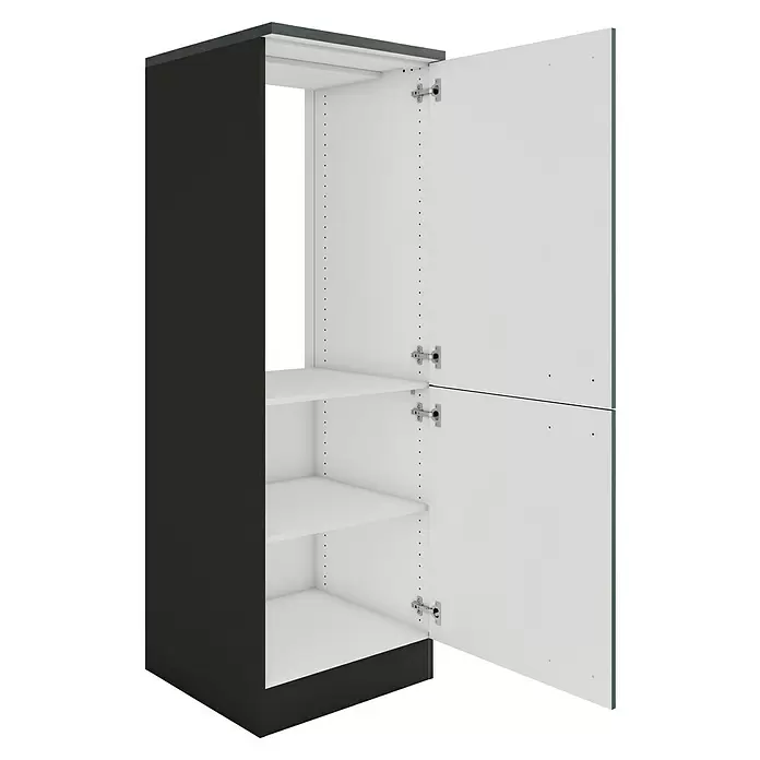 Optifit Verona405 Midischrank - 60 x 60 x 174,4 cm, Steingrün, Mit 2 Türen und Arbeitsplatte für Kühlschrank 88 cm - Offener hoher dunkelgrauer Schrank mit weißer Innenausstattung, zwei verstellbaren Regalböden und zwei offenen Türen mit Metallscharnieren.