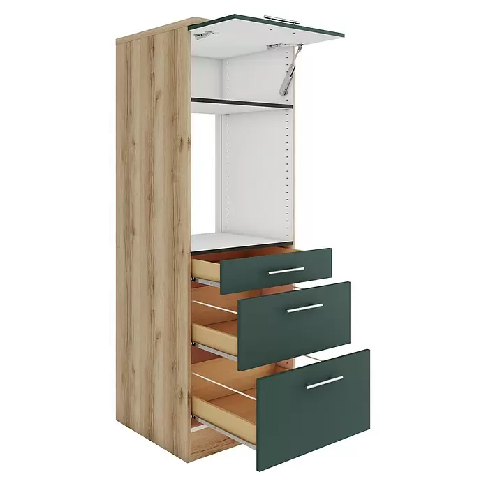 Optifit Savona405 Küchen-Midischrank - 60 x 60 x 174,4 cm, Steingrün, Für Backofen mit 1 Klappe, 1 Schubkasten und 1 Tür - Hoher Schrank mit Holzwand, dunkelgrünen Schubladen und offener Obertür mit Gasfeder.