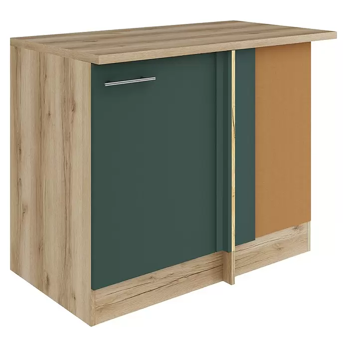 Optifit Savona405 Eck-Unterschrank für Eck Typ 1 - 60 x 110 x 84,8 cm, Steingrün - Zweifarbiger Modulschrank: helle Holzmaserung, dunkelgrüne Tür mit silbernem Griff und sichtbare Platte.