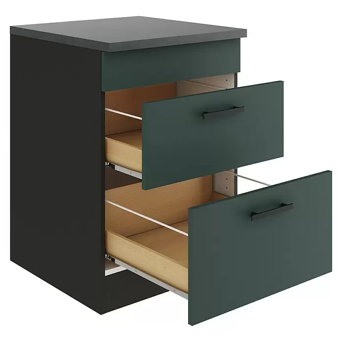 Optifit Verona405 Unterschrank - 60 x 60 x 84,8 cm, Steingrün, Mit 1 Blende und 2 Auszügen - Dunkelgrauer und dunkelgrüner Schrank mit zwei offenen Schubladen, hellem Holzinterieur und schwarzen Griffen.