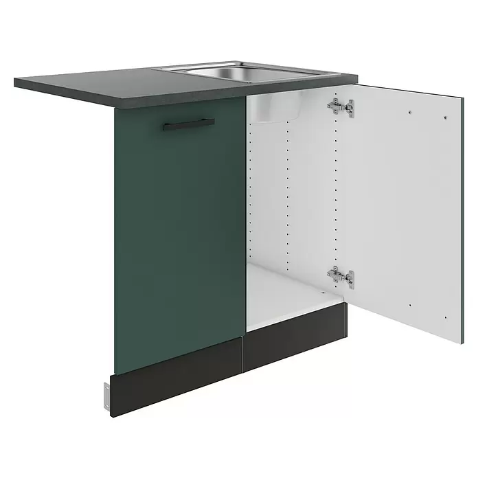 Optifit Verona405 Spülenunterschrank - 60 x 90 x 84,8 cm, Steingrün, Mit Blende 45 cm für vollintegrierten Geschirrspüler - Grünlackierter Küchenunterschrank mit grauer Arbeitsplatte und Edelstahlspüle. Eine Tür ist geöffnet, zeigt den weißen Innenraum.