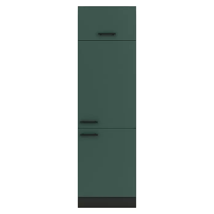 Optifit Verona405 Geräteumbauschrank - 60 x 60 x 206,8 cm, Steingrün, Mit 1 Klappe und 2 Türen mit Nische für Kühlschrank 88 cm - Hoher dunkelgrüner Schrank mit schwarzen Griffen an oberen und unteren Segmenten und dunklem Sockel.