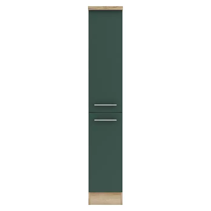 Optifit Savona405 Midischrank - 60 x 30 x 174,4 cm, Steingrün - Dunkelgrüne Hochschranktür mit zwei silbernen Griffen und hellen Holzpaneelen oben und unten.