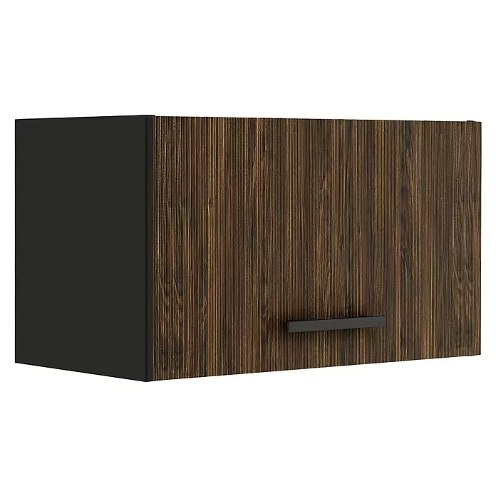 Optifit OPTIkult Küchen-Hängeschrank Rimini409 - B x T x H: 60 x 34,6 x 35,2 cm, Rillendekor Nussbaum - Dunkelbrauner Küchenhängeschrank mit Holzmaserung, schwarzen Seiten und Griff.