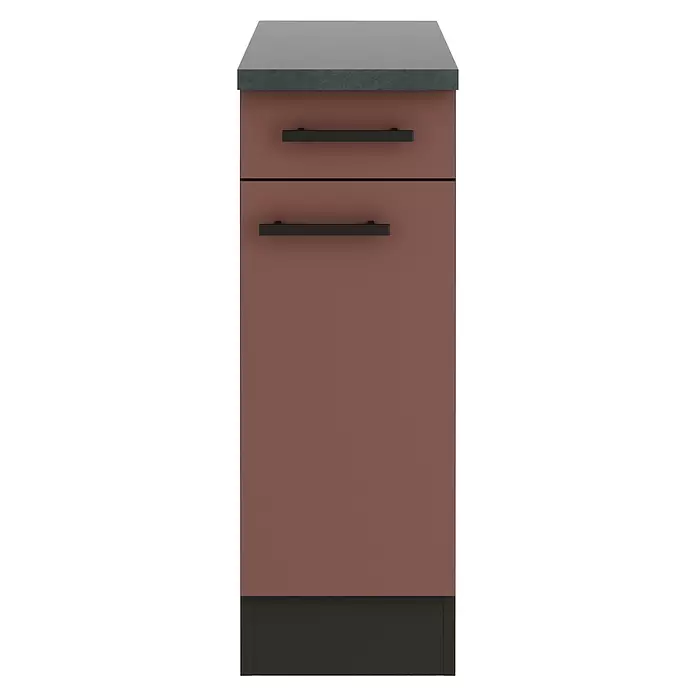 Optifit Nizza407 Unterschrank - 60 x 30 x 84,8 cm, Rostrot, Mit 1 Schubkasten und 1 Tür - Rotbrauner Unterschrank mit dunkler Arbeitsplatte und schwarzen Griffen.